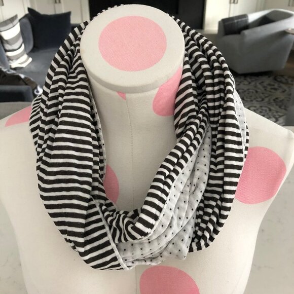 Casual Reversible Polyester Cotton Blend Infinity Stripes + Polka Dot Scarf B&W - Picture 7 of 10